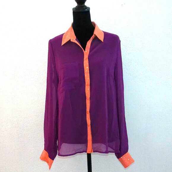 FAISCA, Purple & orange blouse with golden shiny dots design, good for Halloween - Picture 1 of 9
